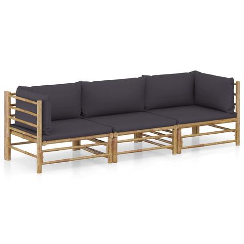 vidaXL 3-delige Loungeset met donkergrijze kussens bamboe, Tuin en Terras, Tuinsets en Loungesets, Loungeset, Nieuw, Hout, Verzenden
