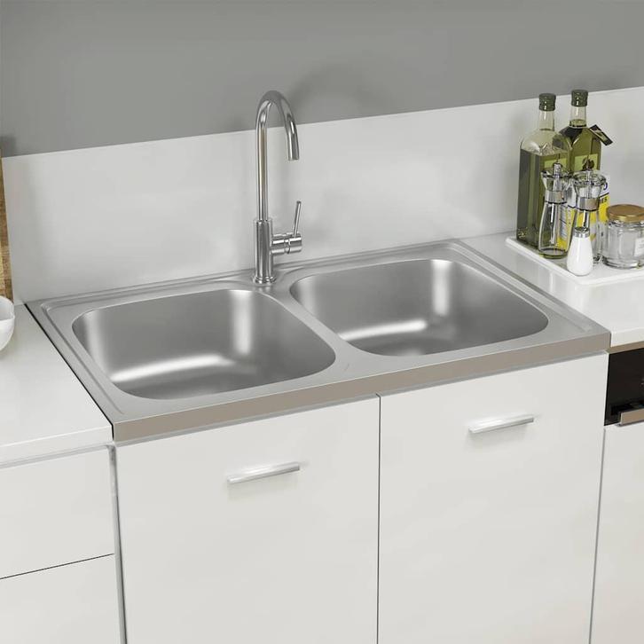 vidaXL Gootsteen dubbele bakken 800x500x155 mm roestvrij, Doe-het-zelf en Verbouw, Sanitair, Nieuw, Verzenden
