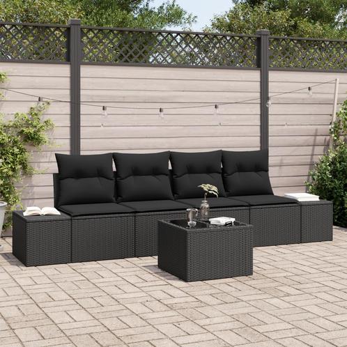 vidaXL 5-delige Tuinbankenset met kussens poly rattan zwart, Tuin en Terras, Tuinsets en Loungesets, Nieuw, Rotan, Verzenden
