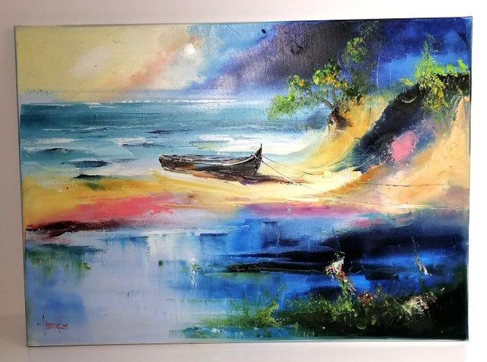 Alfred Anio - Boat on the beach, Antiek en Kunst, Kunst | Schilderijen | Modern