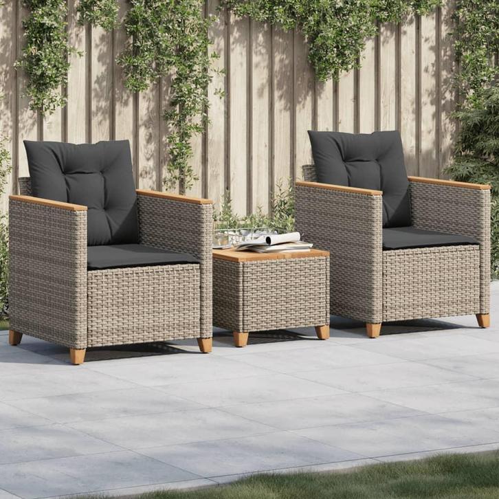vidaXL 3-delige Bistroset met kussens poly rattan en, Tuin en Terras, Tuinsets en Loungesets, Nieuw, Rotan, Verzenden