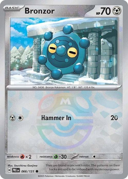 Bronzor 066/131 Masterball Prismatic Evolutions, Hobby en Vrije tijd, Verzamelkaartspellen | Pokémon, Losse kaart, Nieuw, Foil
