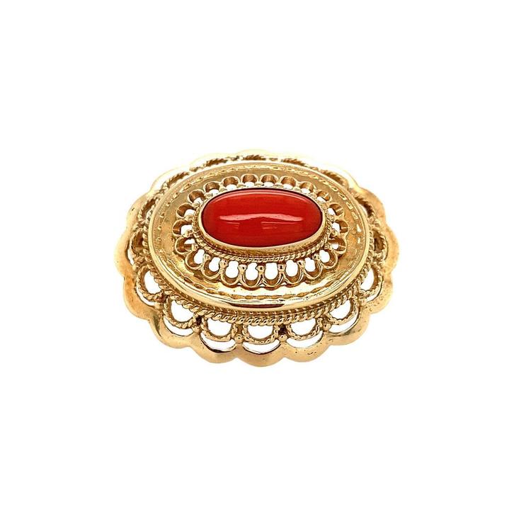 Gouden broche met bloedkoraal 14 krt, Sieraden, Tassen en Uiterlijk, Broches, Nieuw, Ophalen of Verzenden