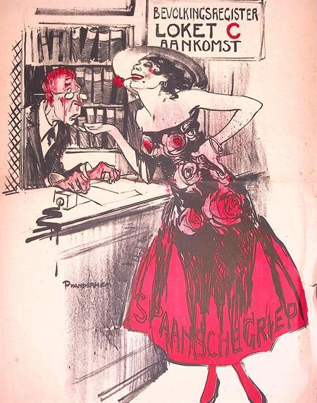 Spotprent over de spaanse griep (lijst optie, Lithos), Antiek en Kunst, Kunst | Litho's en Zeefdrukken, Verzenden