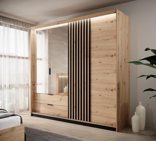 Kledingkast eiken grijs 220 met spiegel klapdeuren, Huis en Inrichting, Kasten | Vitrinekasten, 50 tot 75 cm, Nieuw, 200 cm of meer