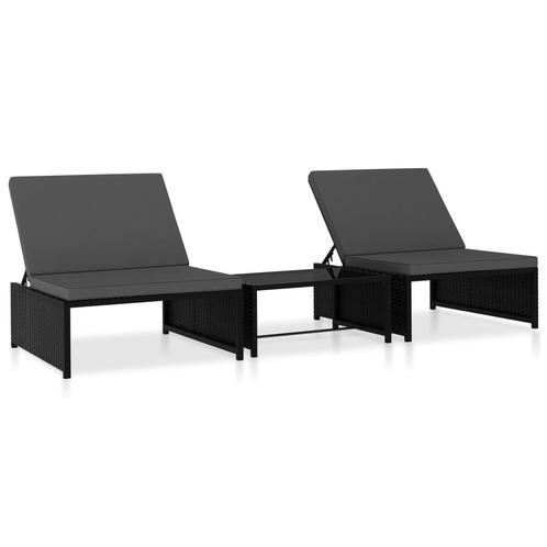 vidaXL Ligbedden 2 st met tafel poly rattan zwart, Tuin en Terras, Ligbedden, Nieuw, Verzenden