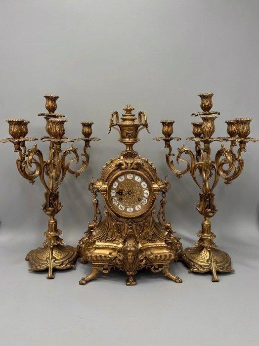 Klok en garnituur set (3) - Brons, Messing - 1920-1930, Antiek en Kunst, Antiek | Klokken