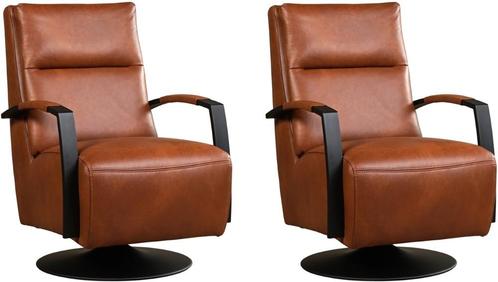 Cognac leren industriële draaifauteuils - staal zwart frame, Huis en Inrichting, Fauteuils, 50 tot 75 cm, 75 tot 100 cm, Nieuw