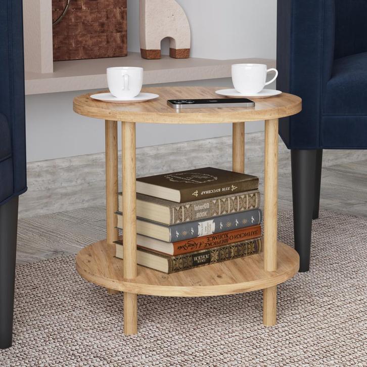 Bijzettafel Ves rond met onderblad Ø42x49 cm houtkleurig [en, Huis en Inrichting, Tafels | Bijzettafels, Verzenden