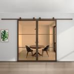 Dubbele stalen schuifdeur 3 Vlaks Brons Brons rook glas, 75 tot 150 cm, Nieuw, 150 tot 225 cm, Metaal