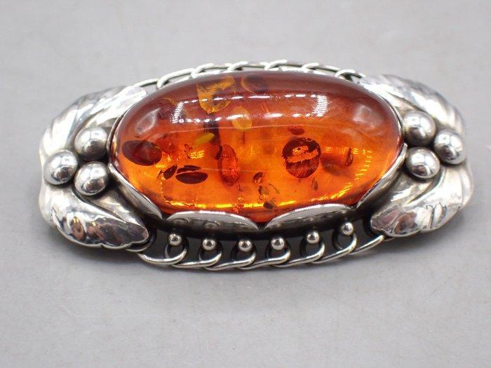 Zonder Minimumprijs - Georg Jensen - Broche Zilver Barnsteen, Sieraden, Tassen en Uiterlijk, Antieke sieraden