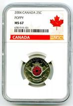 Canada. 25 Cent 2004 P UNC M67 Poppy Colorized Quarter