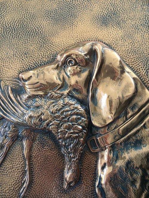 Paneel - Hout, Koper - Jachthond & Patrijs, Antiek en Kunst, Curiosa en Brocante