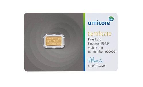 Umicore Goudbaar 1 gram met certificaat | Goudonline, Postzegels en Munten, Edelmetalen en Baren, Goud