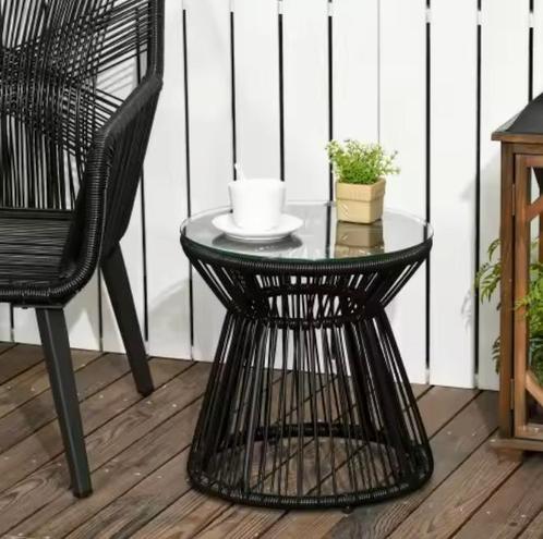 Bistrotafel rond 40 cm met glazen blad en rotan designframe, Huis en Inrichting, Tafels | Bijzettafels, Nieuw, Verzenden