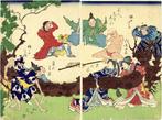 Three drunk men watch Tomoe Gozen, Yamazaki Gozen, and other