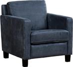 Blauwe leren landelijke fauteuil - poot hout zwart - Kenia L, Nieuw, Ophalen of Verzenden, Landelijk, 50 tot 75 cm