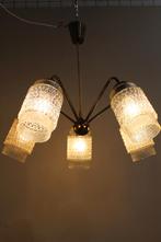 Vintage plafondlamp, kroonluchter - jaren 60, messing, glas, Huis en Inrichting, Gebruikt, Glas, Mid century