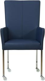 Blauwe leren moderne eetkamerstoel - met armleuning poot vie, Huis en Inrichting, Stoelen, Overige kleuren, Nieuw, Leer, Ophalen of Verzenden