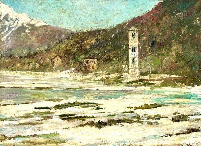 Cesarina Ferrari (1895-1978) - Paesaggio con la neve e torre, Antiek en Kunst, Kunst | Schilderijen | Klassiek