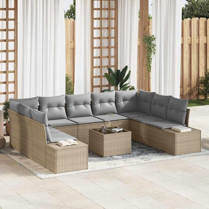 vidaXL Tuin Sofa Set met kussen 10 pcs Beige Poly riet, Tuin en Terras, Tuinsets en Loungesets, Nieuw, Rotan, Verzenden