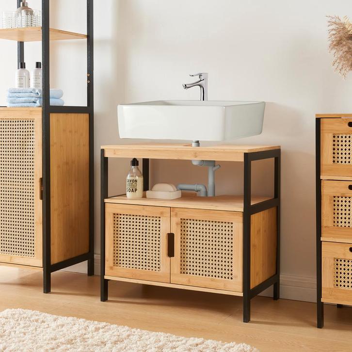 Wastafelonderkast Tervola 60x60x35 cm zwart naturel en rotan, Huis en Inrichting, Badkamer | Badkamermeubels, Verzenden