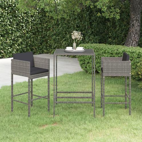 vidaXL 3-delige Tuinbarset met kussens poly rattan grijs, Tuin en Terras, Tuinsets en Loungesets, Nieuw, 2 zitplaatsen, Rotan