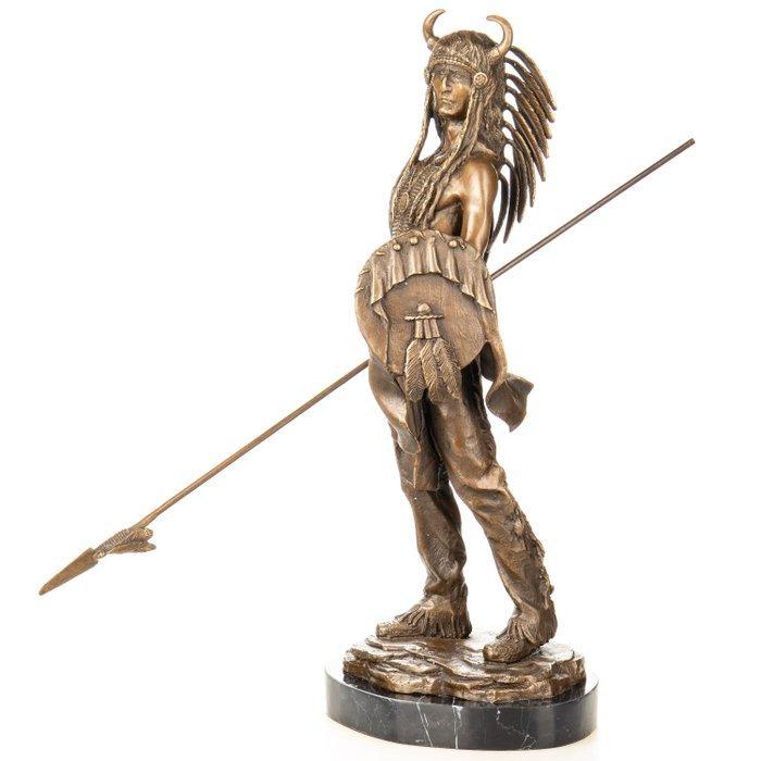 Figuur - Western Bronzefigur Indianer mit Schild & Speer –, Antiek en Kunst, Curiosa en Brocante