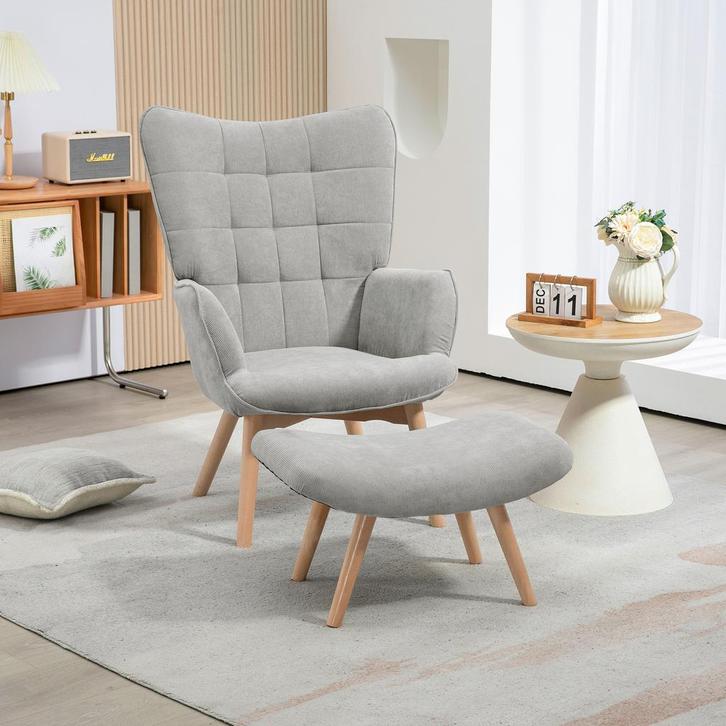 Fauteuil - Gestoffeerde loungestoel - Houten poten - Grijs, Huis en Inrichting, Stoelen, Grijs, Nieuw, Stof, Ophalen of Verzenden