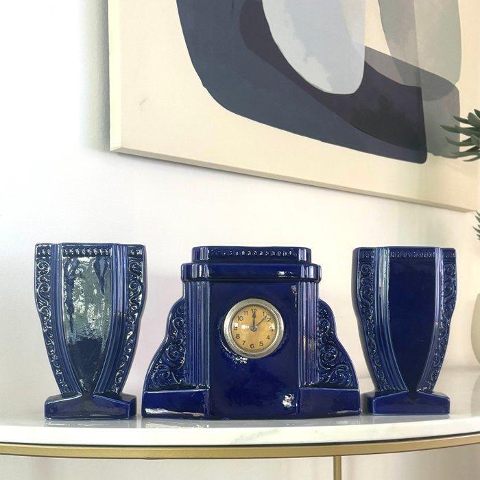 Klok en garnituur set (3) - Sarreguemines - Art Nouveau, Antiek en Kunst, Antiek | Klokken