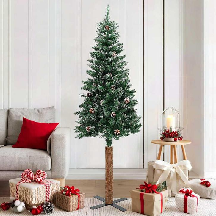 vidaXL Kerstboom met echt hout en sneeuw smal 180 cm groen, Diversen, Kerst, Nieuw, Verzenden