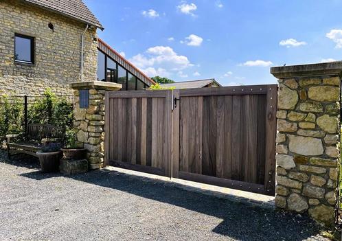 Eiken en padouk hardhouten poorten op maat, Tuin en Terras, Tuinpoorten, Draaipoort, Nieuw, Hout, Ophalen of Verzenden