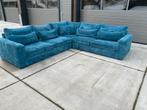 Prachtige blauwe grote ribstof hoekbank, 250 tot 300 cm, 100 tot 125 cm, Hoekbank, Zo goed als nieuw