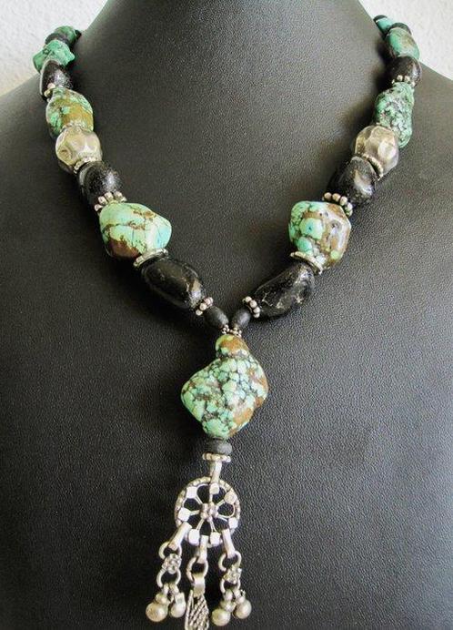 Turquoise - Zilver, Turkoois, onyx - Halsketting, Antiek en Kunst, Kunst | Niet-Westerse kunst