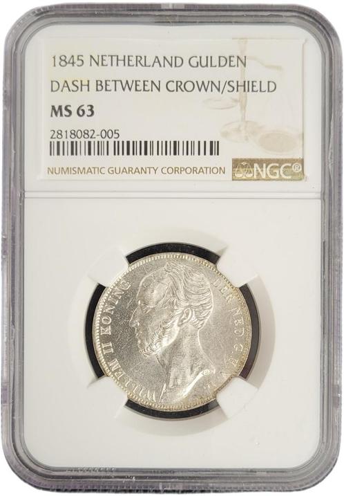 Koning Willem II 1 gulden 1845 DASH BETWEEN CROWN/SHIELD, Postzegels en Munten, Munten | Nederland, Losse munt, Zilver, Verzenden