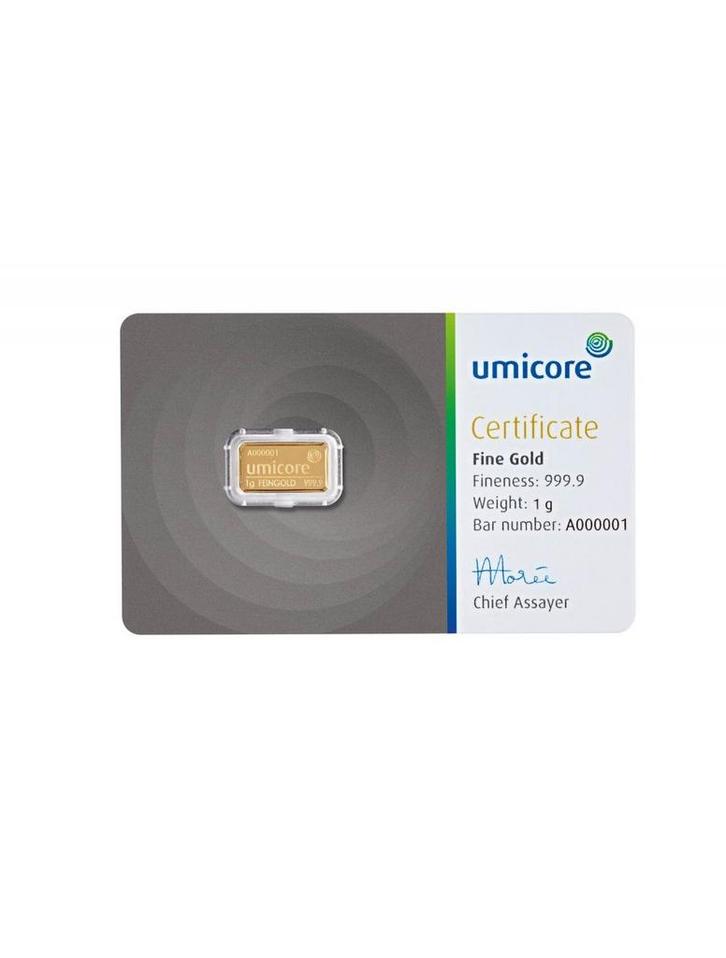 1 gram goudbaar Umicore met certificaat LBMA gecertificeerd, Postzegels en Munten, Edelmetalen en Baren, Goud, Verzenden
