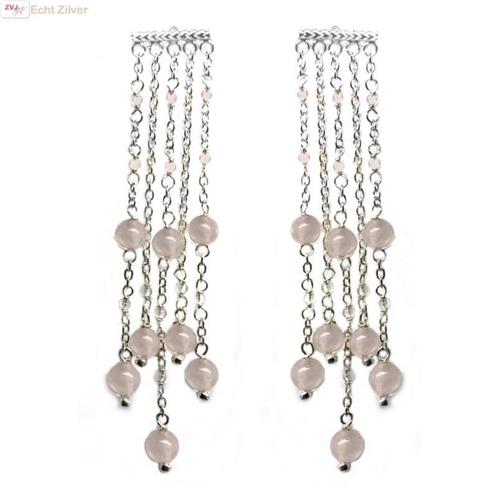 Zilveren sieroorhangers 5 strings met roze kwarts, Sieraden, Tassen en Uiterlijk, Oorbellen, Nieuw, Verzenden