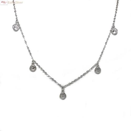 Zilveren kort collier met 5 ronde zirkoon hangertjes, Sieraden, Tassen en Uiterlijk, Kettingen, Nieuw, Verzenden
