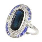 Ring Platina -  4.07ct. tw. Saffier - Diamant - Art Deco,, Nieuw