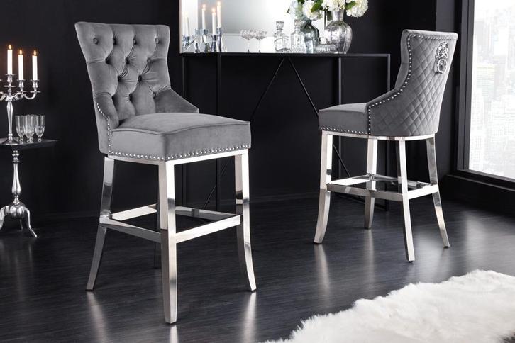 Design barkruk CASTLE DELUXE grijs fluweel zilver roestvrij, Huis en Inrichting, Barkrukken, Ophalen of Verzenden