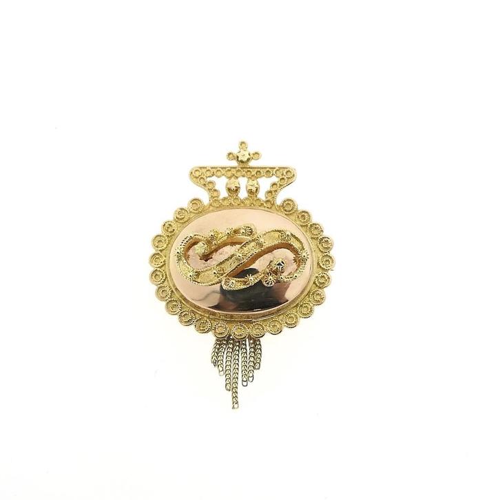 Antieke bicolor gouden broche van een mutsenbel, Sieraden, Tassen en Uiterlijk, Broches, Overige kleuren, Gebruikt, Goud, Ophalen of Verzenden