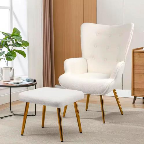 Fauteuil met Kruk – Lamswol en Gouden Poten, Modern Comfort, Huis en Inrichting, Stoelen, Eén, Wit, Nieuw, Hout, Stof, Overige materialen