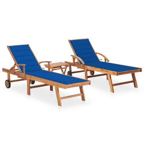 vidaXL Ligbedden 2 st met tafel en kussens massief teakhout, Tuin en Terras, Ligbedden, Nieuw, Verzenden