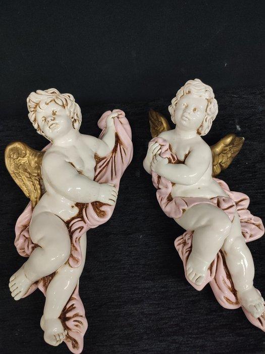 Sculptuur - Paar gepolychromeerde engelen - 25 cm - Gips -, Antiek en Kunst, Antiek | Boeken en Bijbels