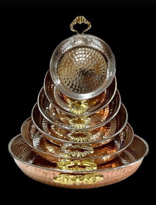 Pan (6) - Koper, Messing - Handgemaakte koperen pannenset, Antiek en Kunst, Antiek | Keukenbenodigdheden