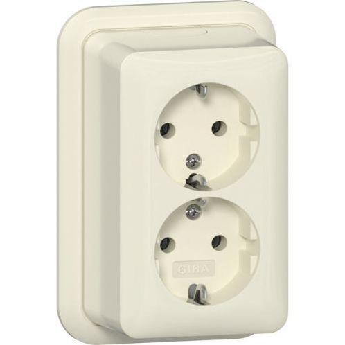 GIRA opbouw Wandcontactdoos dubbel met randaarde Crème wit, Doe-het-zelf en Verbouw, Elektra en Kabels, Nieuw, Ophalen of Verzenden