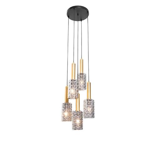 Hanglamp goud met smoke glas rond 5-lichts - Elva, Huis en Inrichting, Lampen | Hanglampen, Nieuw, Glas, 75 cm of meer