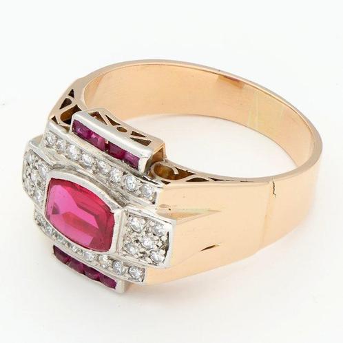 Ring - 18 karaat Geel goud - Diamant/ Robijn, Sieraden, Tassen en Uiterlijk, Ringen