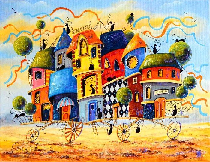Grinchenko Nataliya (XX-XXI) - Traveling City of Cats, Antiek en Kunst, Kunst | Schilderijen | Klassiek
