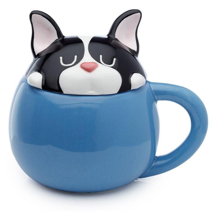 Beker/Mok - Franse Bulldog - Gevormde Deksel - Blauw - Dolom, Huis en Inrichting, Keuken | Servies, Nieuw, Ophalen of Verzenden